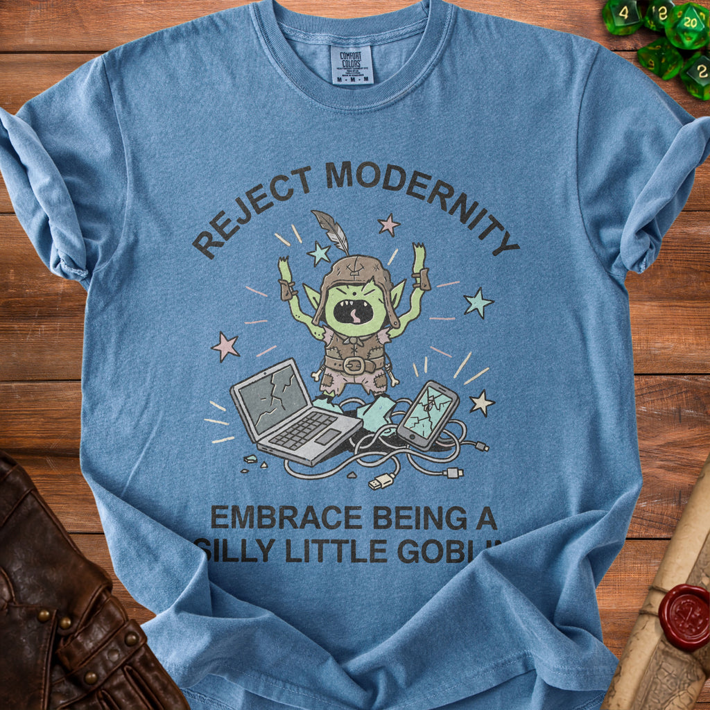 Blue t-shirt with "Reject Modernity Embrace Being a Silly Little Gobi" text and goblin graphic.