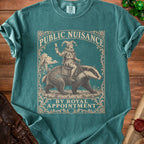Jester riding a badger with "Public Nuisance By Royal Appointment" text.