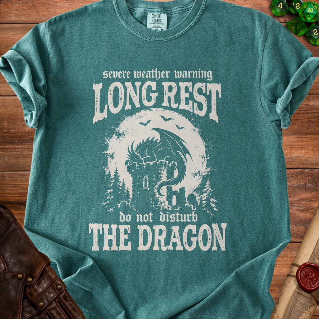 Teal t-shirt with white text and dragon graphic: "LONG REST, do not disturb THE DRAGON".