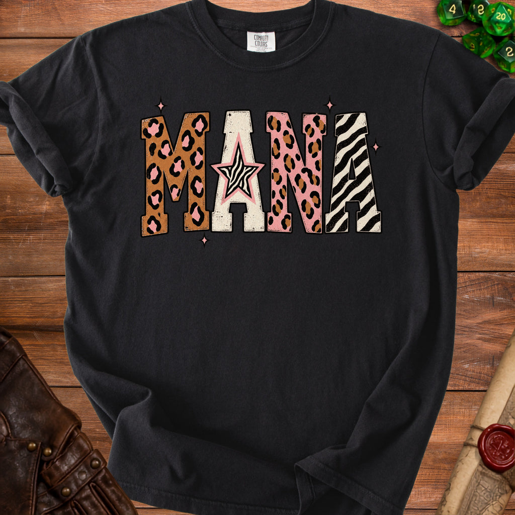 Black t-shirt with "MANA" text in leopard, zebra, and pink patterns with a star.