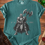Green t-shirt with knight, axe, and text "I'M JUST A GIRL".