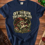 Frog wizard with "Off to Ruin the DM's Plans" text, dice, and potion.