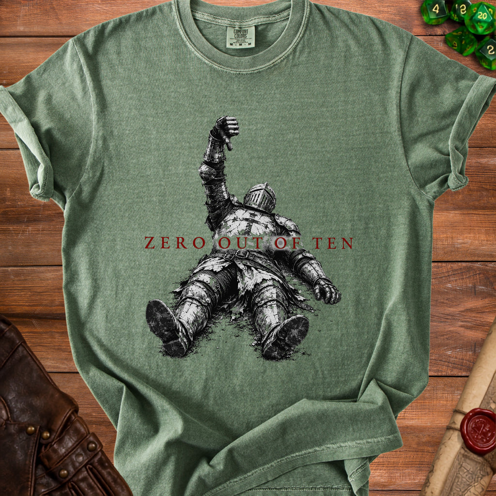 T-shirt with graphic of fallen knight and text "ZERO OUT OF TEN".