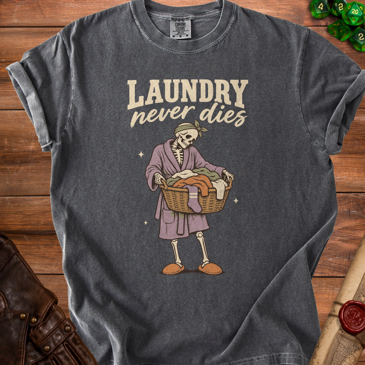 Skeleton in robe carrying laundry basket with text "LAUNDRY never dies"