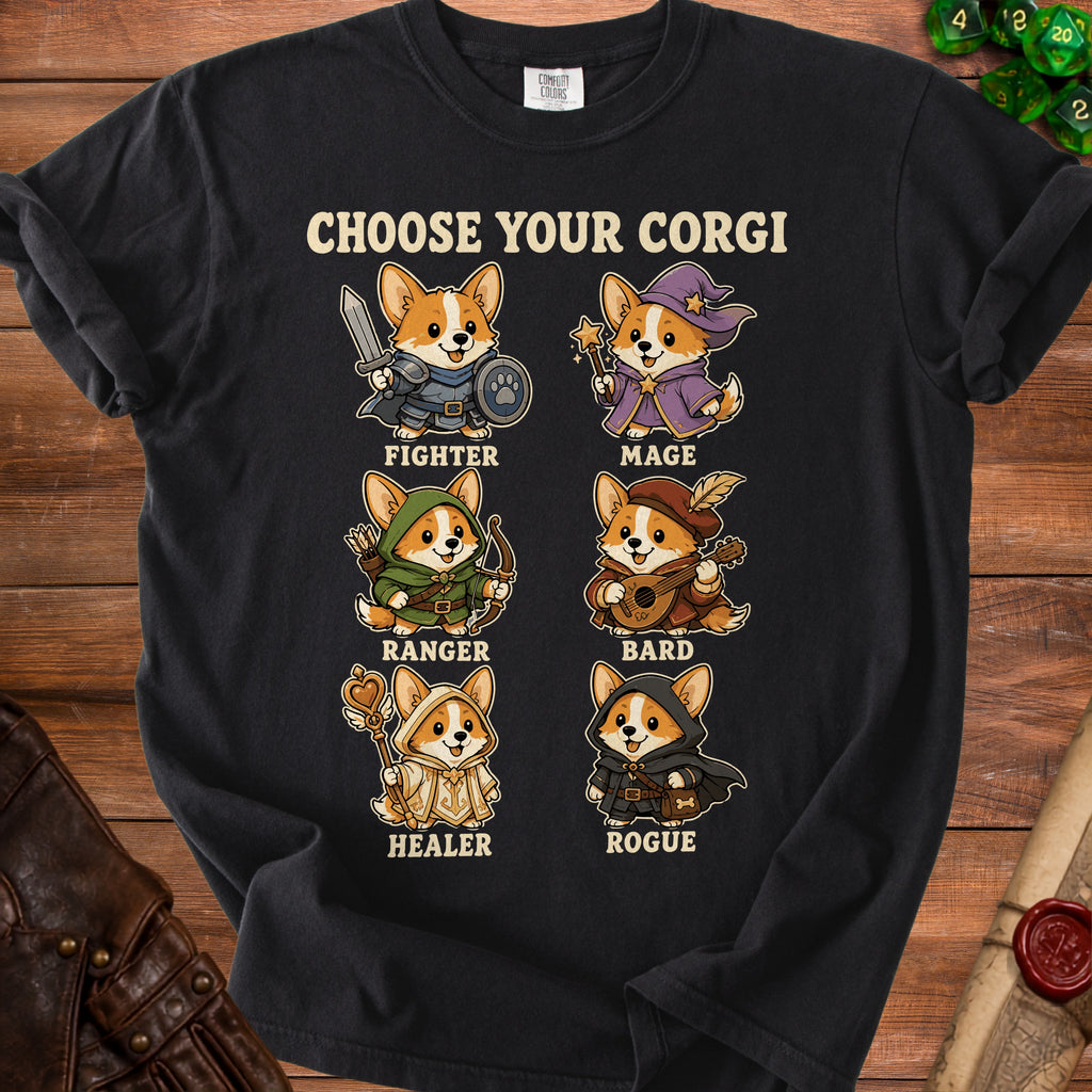 Black t-shirt with "Choose Your Corgi" text and six corgi characters in fantasy roles.