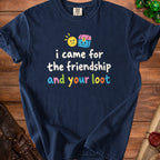 Navy t-shirt with cartoon sun, treasure chest, and text "i came for the friendship and your loot".