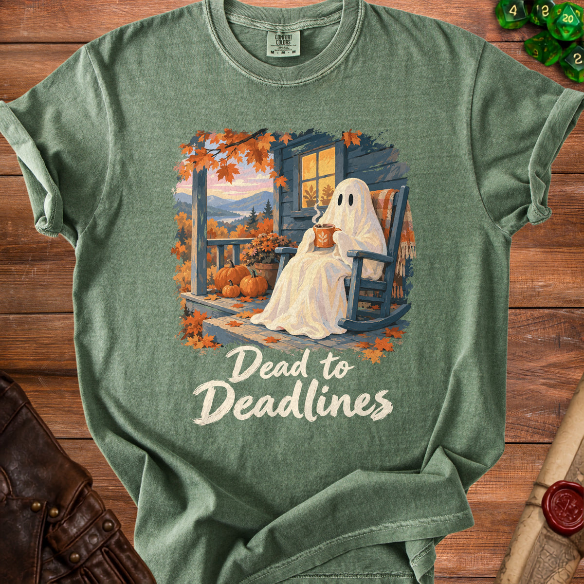 Ghost with coffee on porch, "Dead to Deadlines" text, autumn scene.