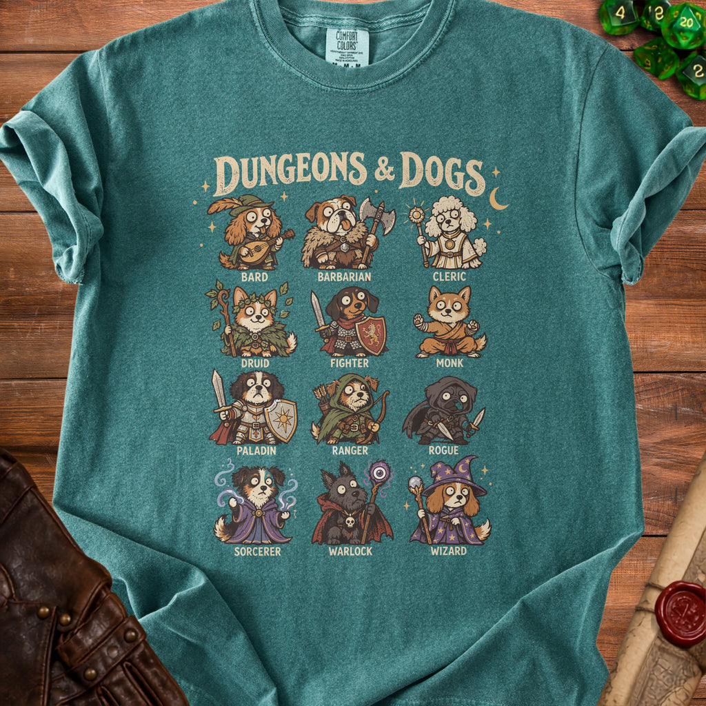 T-shirt with "Dungeons & Dogs" art featuring dogs as fantasy characters and classes.