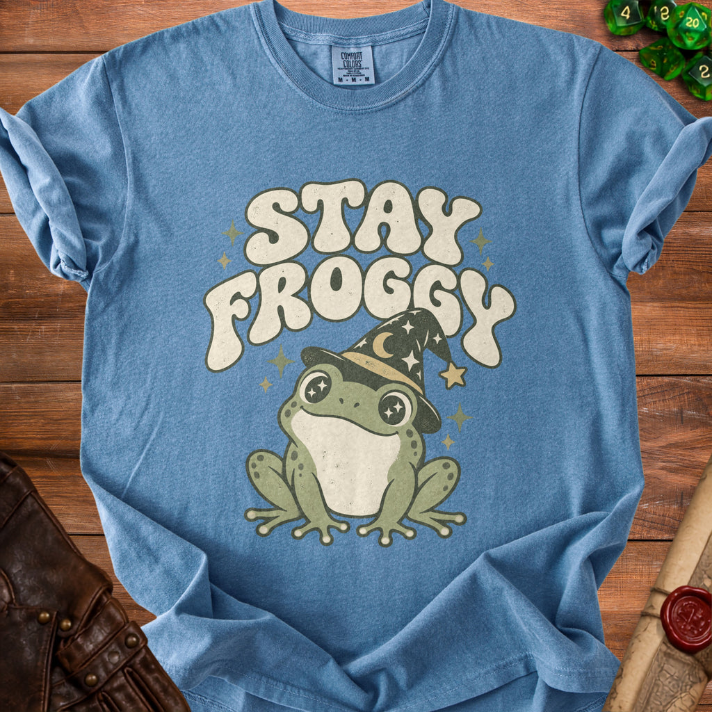 Blue t-shirt with "STAY FROGGY" text and a frog wearing a witch hat.