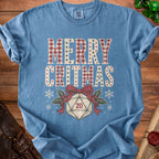 Blue t-shirt with "MERRY CRITMAS" text and a D20 die.