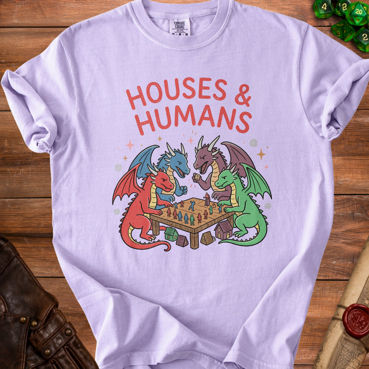 Lavender t-shirt with "Houses & Humans" text and dragons playing a board game.