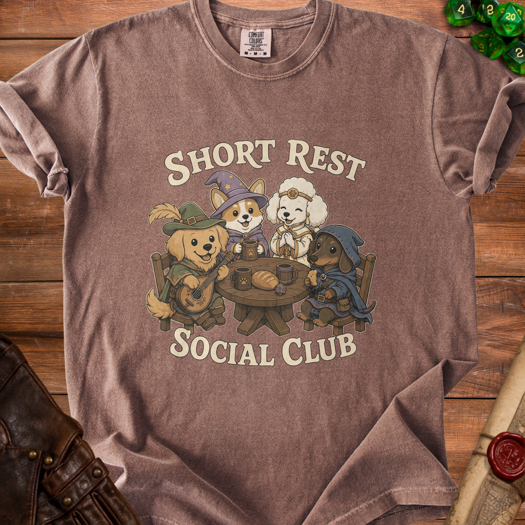 Brown t-shirt with dogs dressed as fantasy characters and text reading "SHORT REST SOCIAL CLUB".