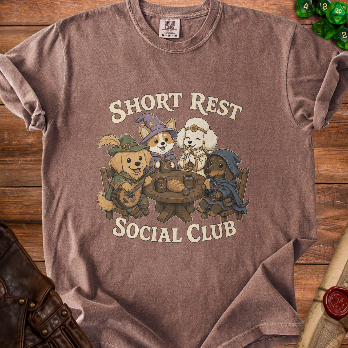 Brown t-shirt with dogs dressed as fantasy characters and text reading "SHORT REST SOCIAL CLUB".