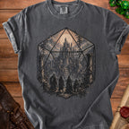 Dark grey t-shirt with D20 die graphic featuring fantasy castle and adventurers.