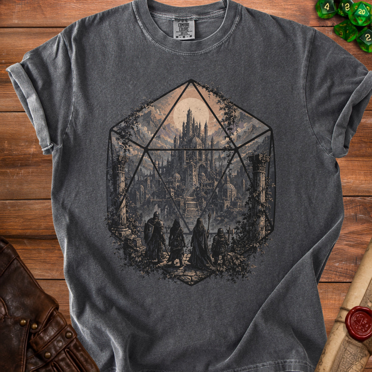 Dark grey t-shirt with D20 die graphic featuring fantasy castle and adventurers.