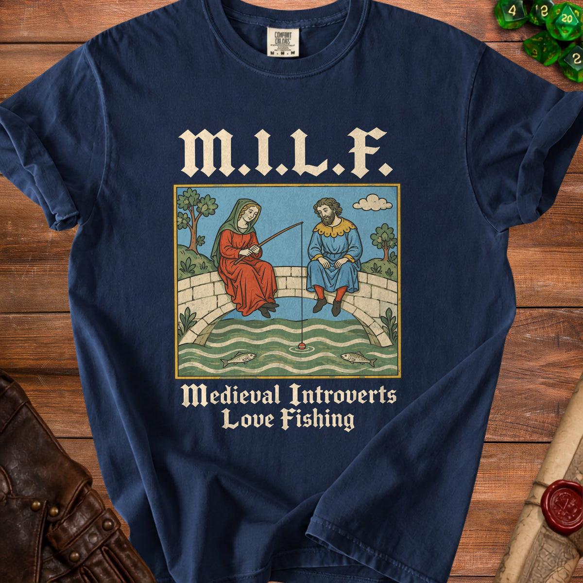 M.I.L.F. Medieval Introverts Love Fishing graphic on navy t-shirt.