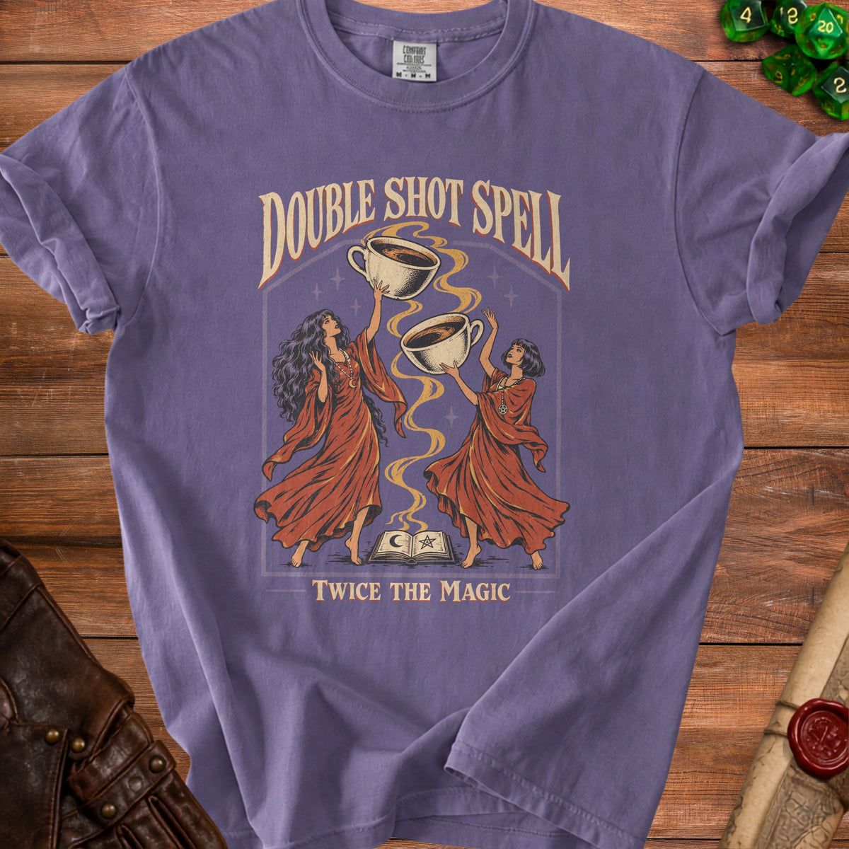 Purple t-shirt with "Double Shot Spell" and two women holding coffee cups.