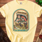 Yellow t-shirt with illustration of man in treasure chest saying "AN OPPORTUNITY!".