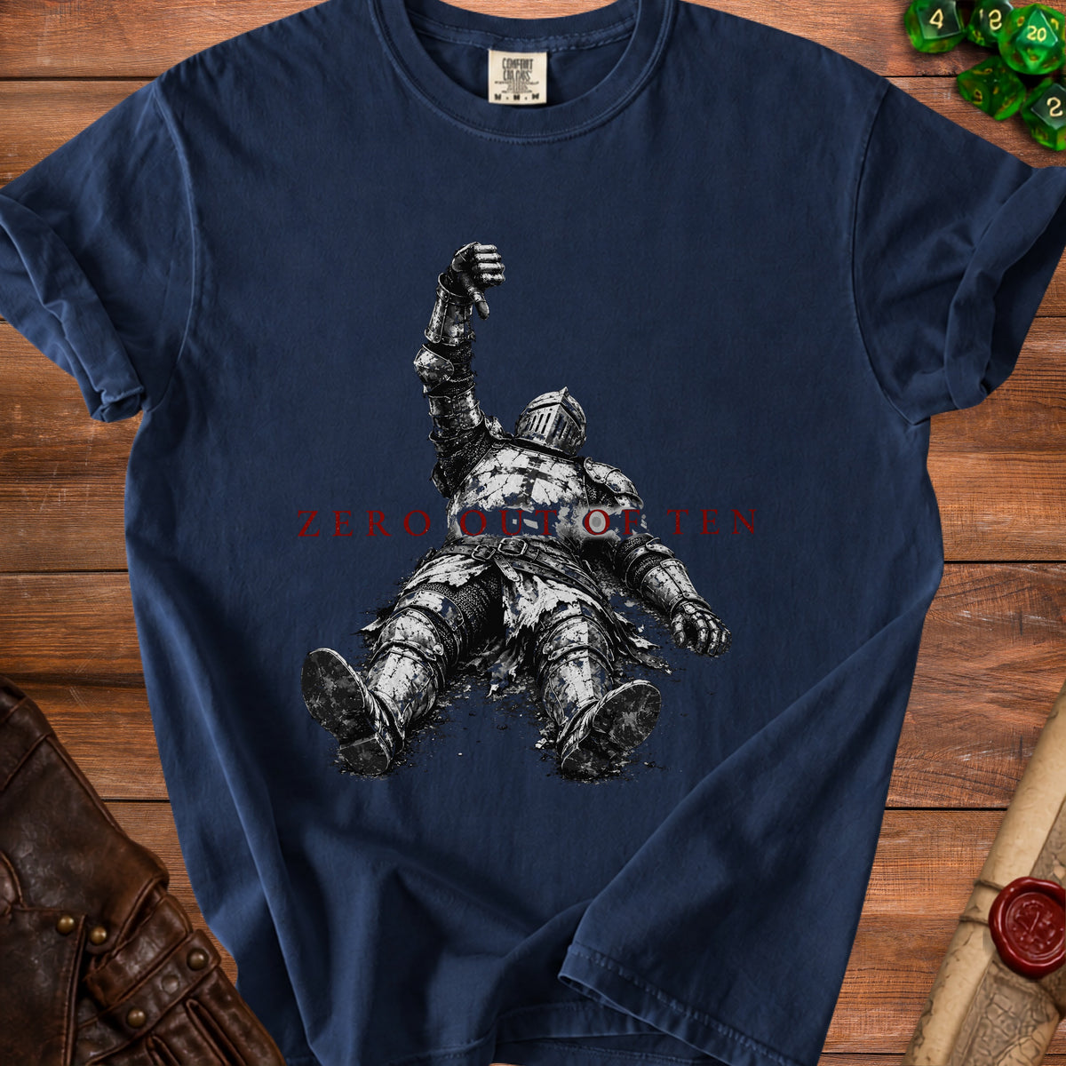 Navy t-shirt with fallen knight graphic and red text "ZERO GET OTEN".