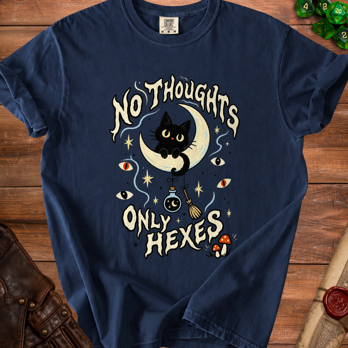 Dark blue t-shirt with black cat on moon and "No Thoughts Only Hexes" text.