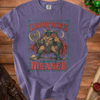 Purple t-shirt with "Low Hit Points Only Make Me Meaner" and a warrior illustration.