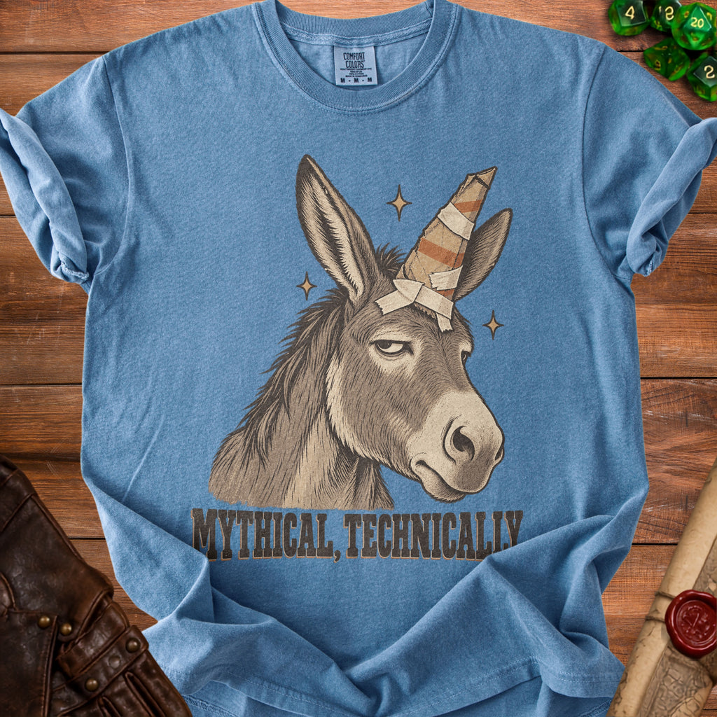 Blue t-shirt with donkey wearing a unicorn horn and the text "MYTHICAL, TECHNICALLY".