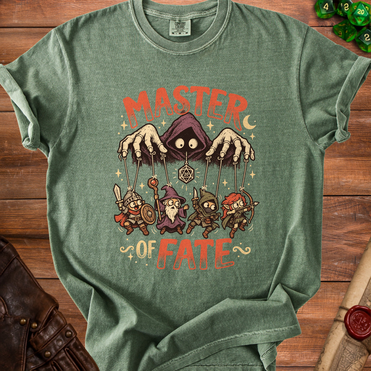 Green t-shirt with "MASTER OF FATE" text and D&D characters.