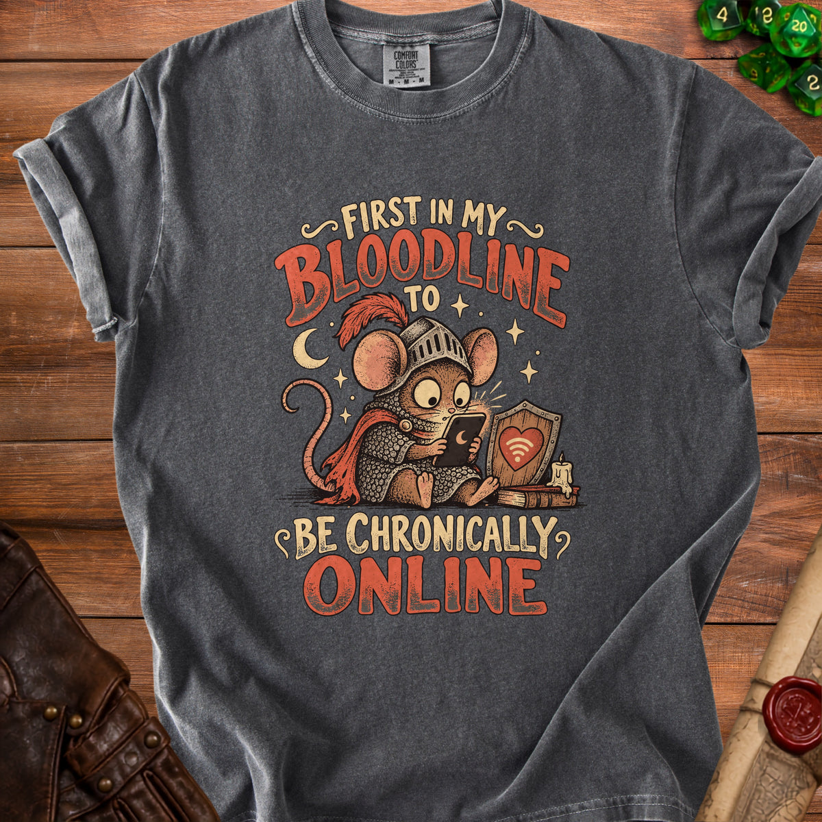 Gray t-shirt with knight mouse design and text "First in my bloodline to be chronically online."