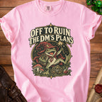 Pink t-shirt with graphic of wizard frog saying "Off to Ruin the DM's Plans".