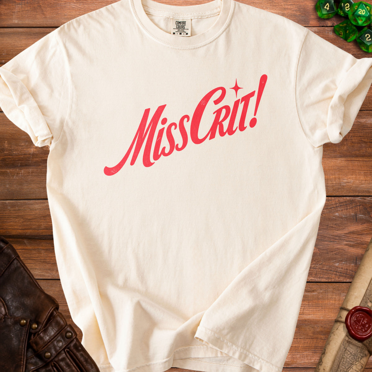 Cream t-shirt with red "Miss Crit!" text and starbursts.