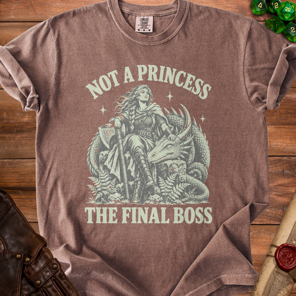 Brown t-shirt with "Not a Princess The Final Boss" graphic featuring a warrior and dragon.