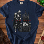 Knight bowing before a crowned cat on a throne with red text "I HAD PLANS".