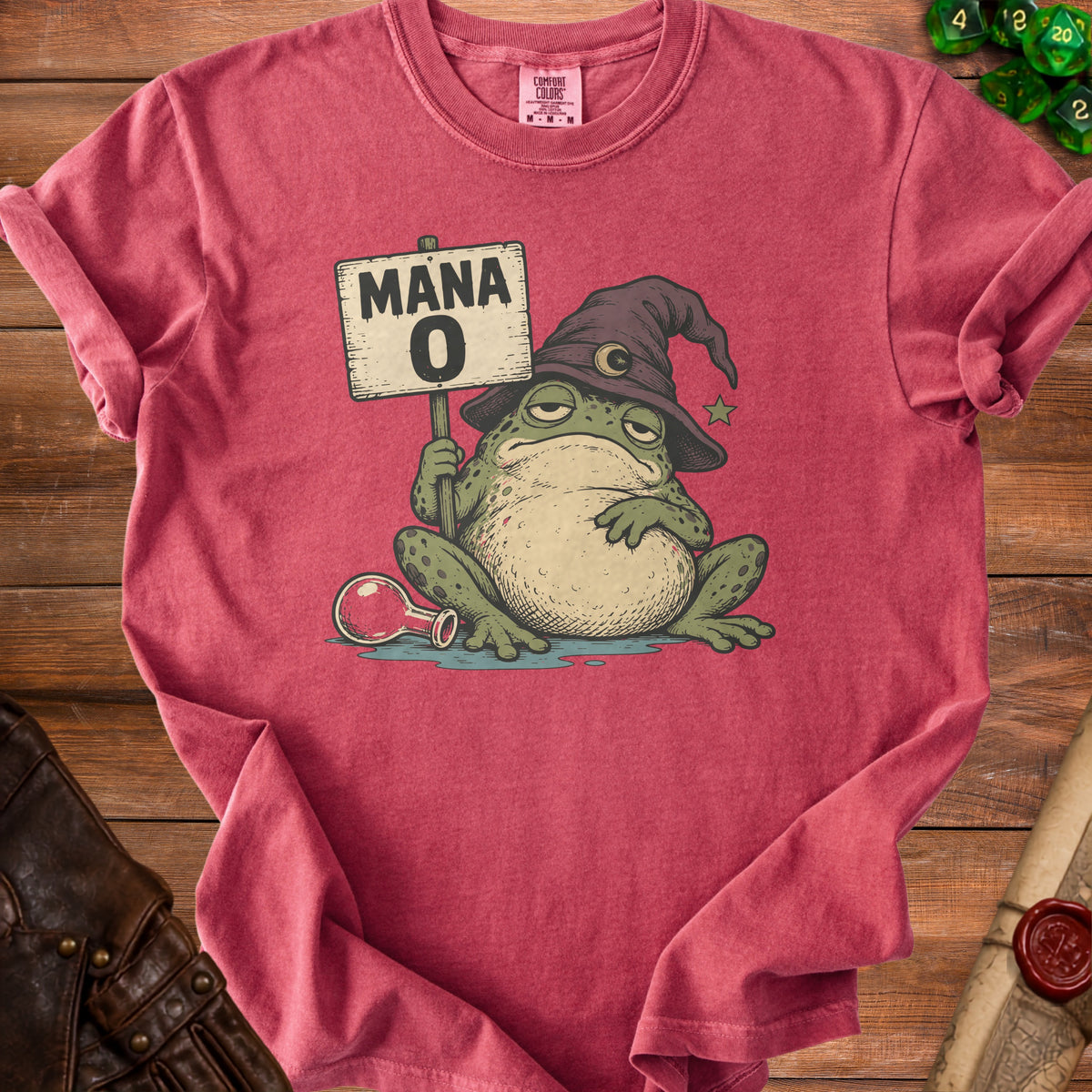Frog wearing a wizard hat holding a sign that reads "MANA 0".