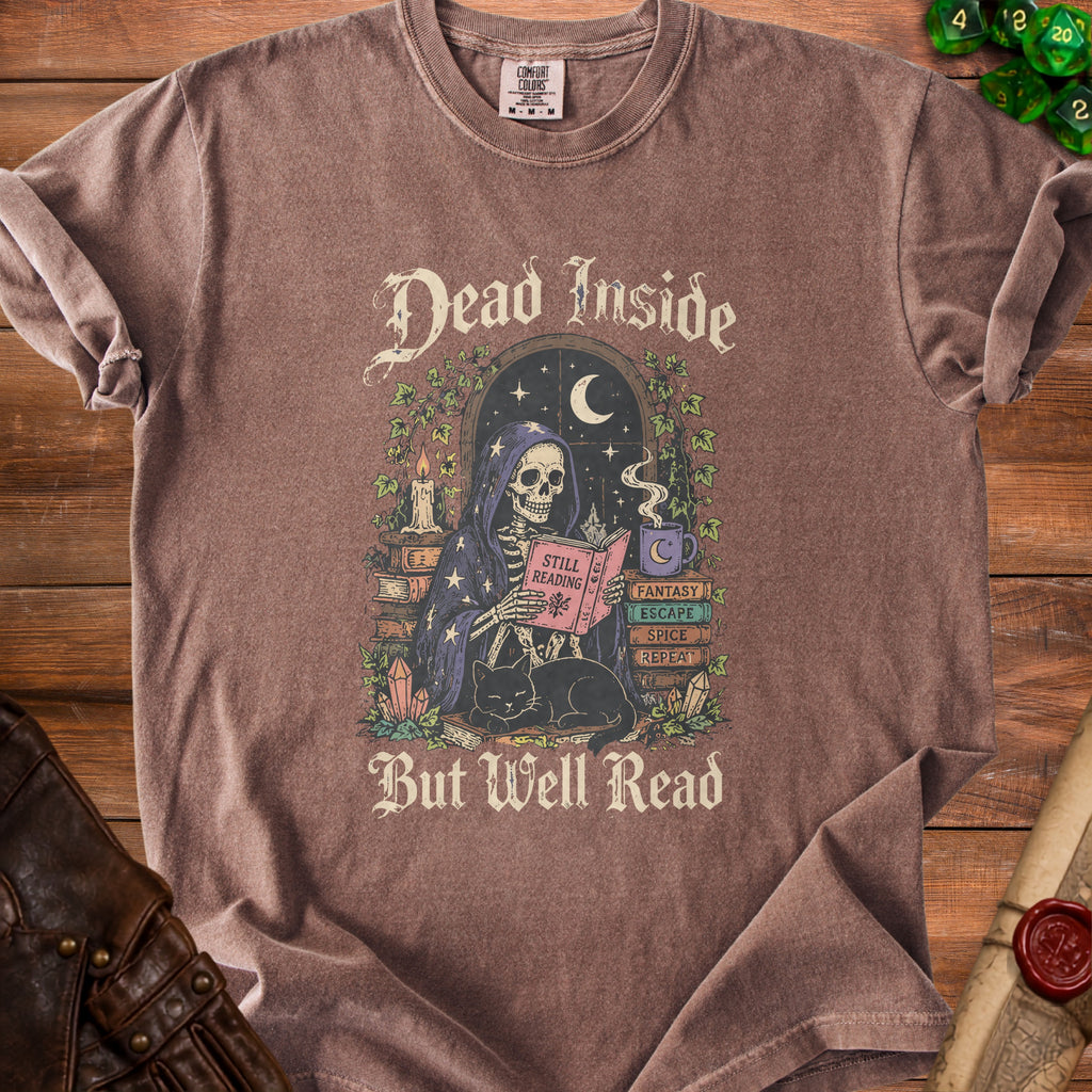 T-shirt with skeleton reading, cat, and text "Dead Inside But Well Read".