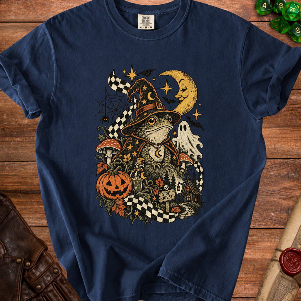 Dark navy t-shirt with a Halloween-themed graphic of a frog wizard and a ghost.