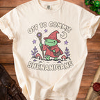Cream t-shirt with green frog wizard graphic and text "OFF TO COMMIT SHENANIGANS."