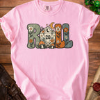 Pink t-shirt with "ROLL" in retro font, a D20 die, mushrooms, flowers, and moon.