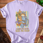 Cat in knight armor holds baguettes, text reads "Dressed for battle, here for bread."