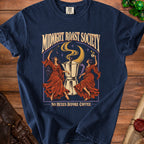 Navy t-shirt with "Midnight Roast Society" graphic featuring witches and coffee pot.