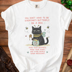 White t-shirt with grumpy bee-cat illustration and text "YOU DON'T HAVE TO BE EVERYONE'S BUTTERFLY. BE A BEE."
