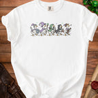 White t-shirt with cartoon geese dressed as fantasy adventurers.