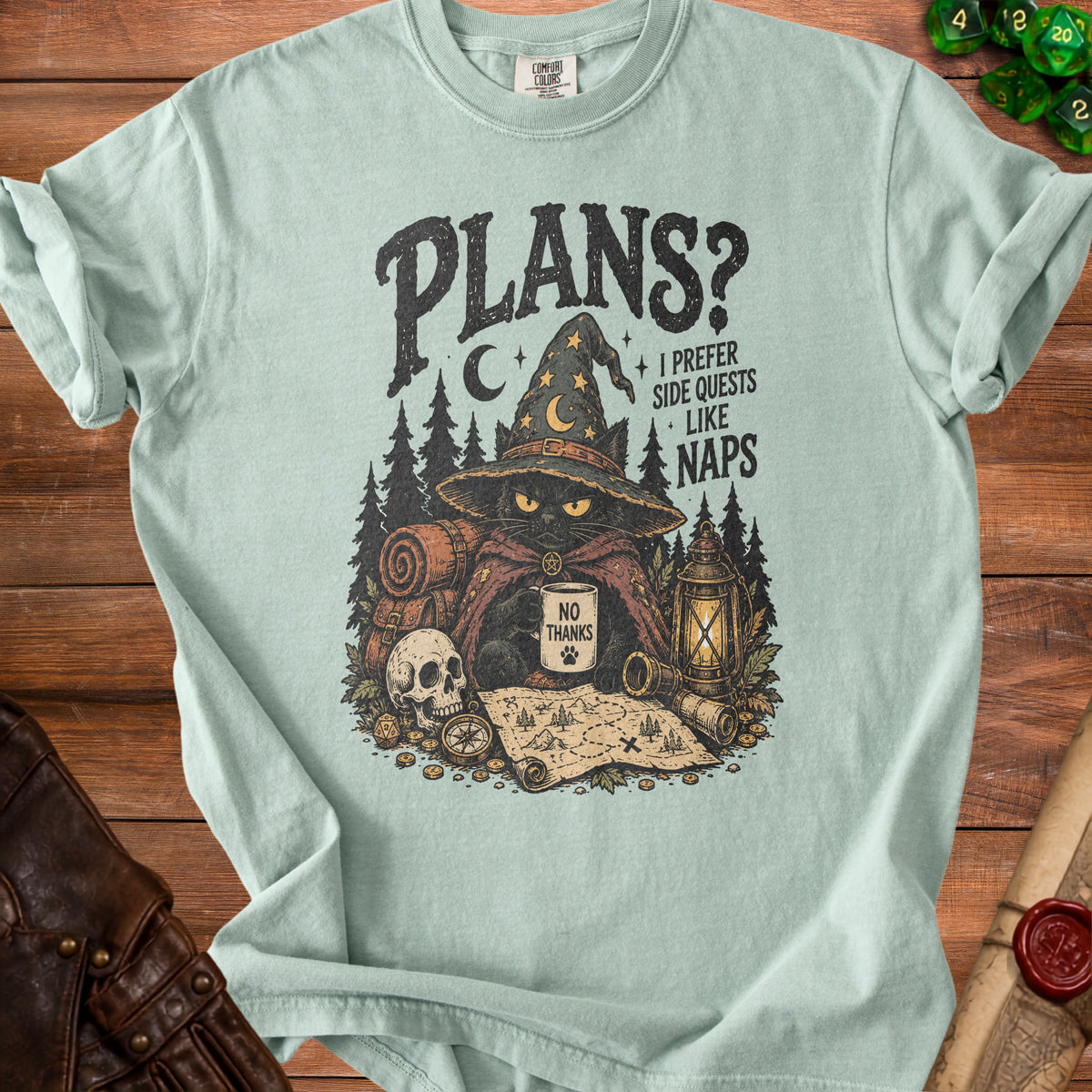 Black cat in wizard hat with text "Plans? I prefer side quests like naps."