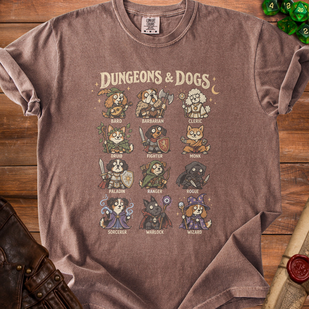 T-shirt with "Dungeons & Dogs" title and cartoon dogs as fantasy characters.