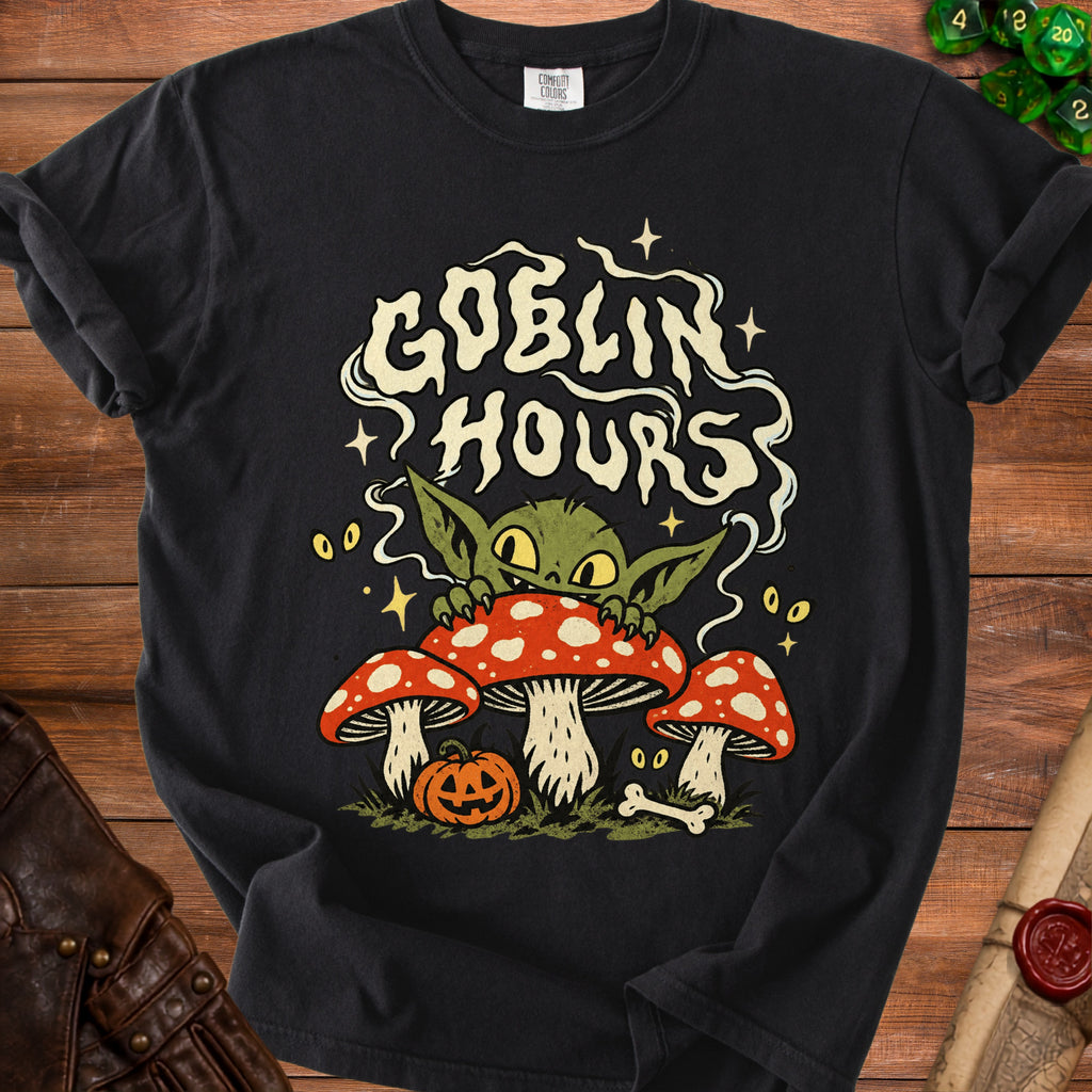 Black t-shirt with goblins, mushrooms, pumpkin, and "Goblin Hours" text.