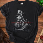Black t-shirt featuring knight on snail with text "Getting There Eventually"