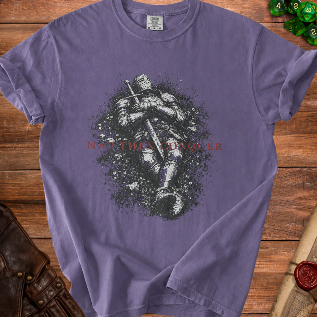 Knight in armor lying down holding sword with text "Nap then Conquer"