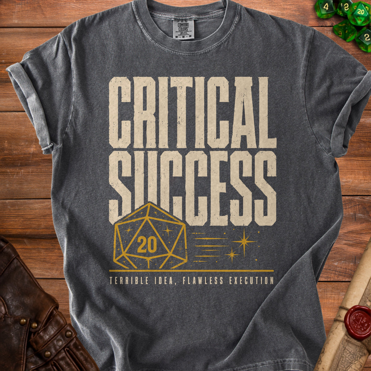 Charcoal t-shirt with "CRITICAL SUCCESS" and a d20 die graphic.