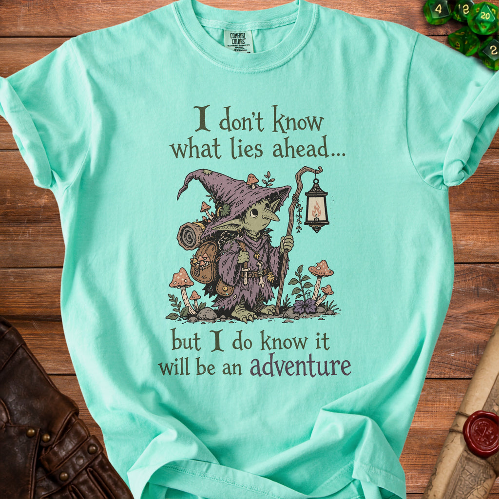 Teal t-shirt with illustration of a goblin with text about adventure.