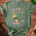 Green t-shirt with graphic of frog on float, text "Mentally On Holiday", and "Do Not Disturb".
