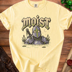 Yellow t-shirt with "moist" text and knight in swamp graphic.